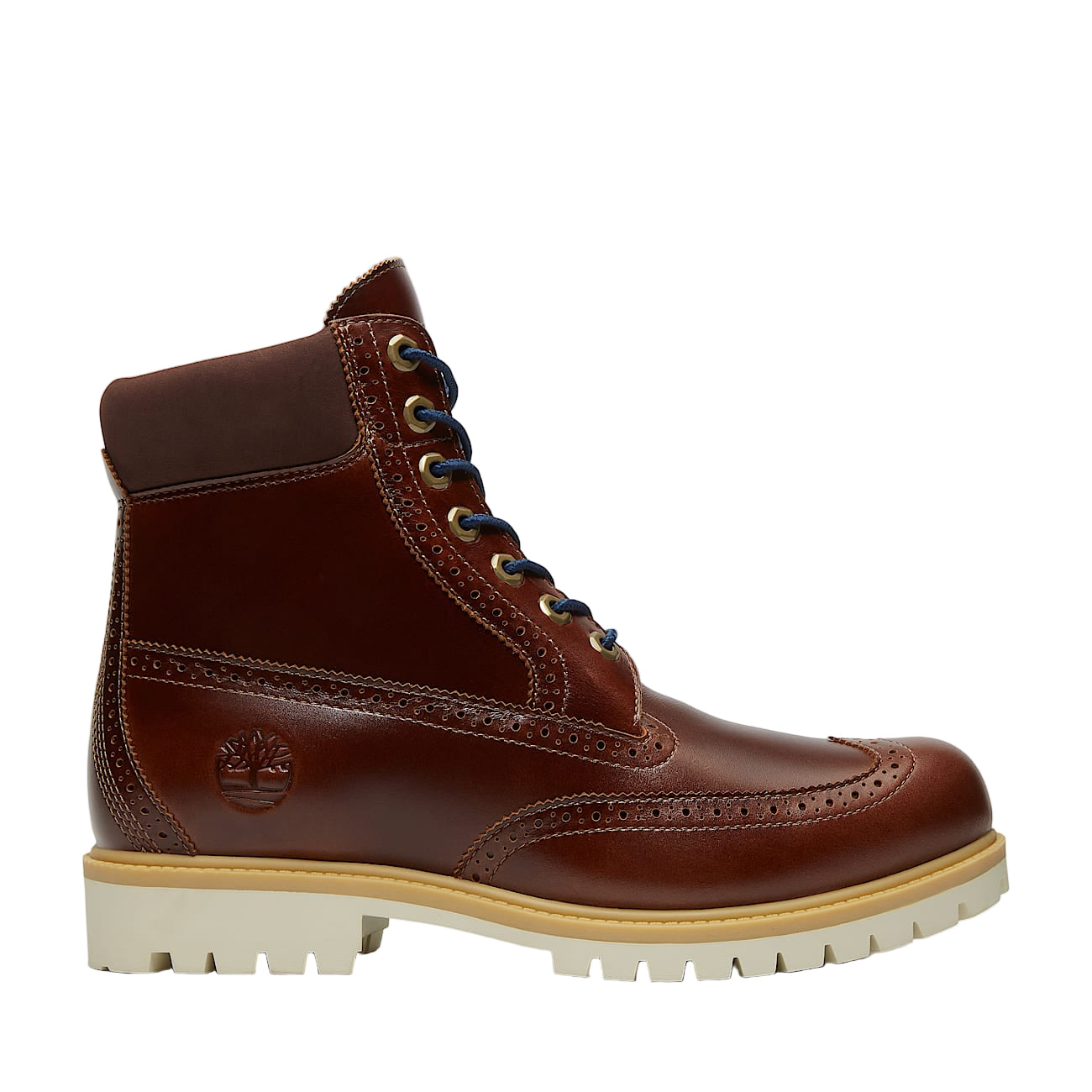 Brown leather boot with white sole on a light gray background