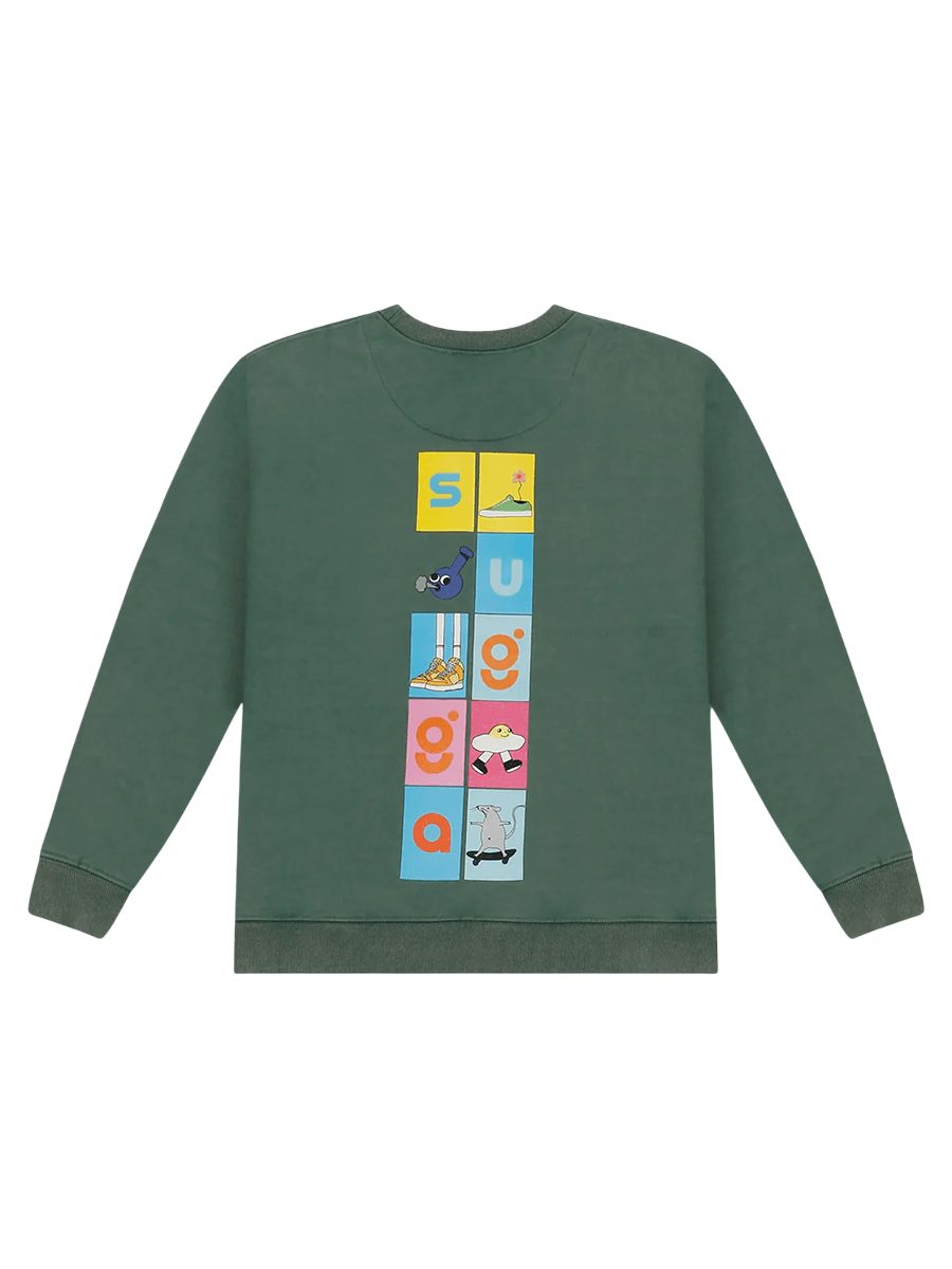 Green streetwear sweatshirt with colorful graphic blocks, cartoon illustrations, and bold lettering on the back.