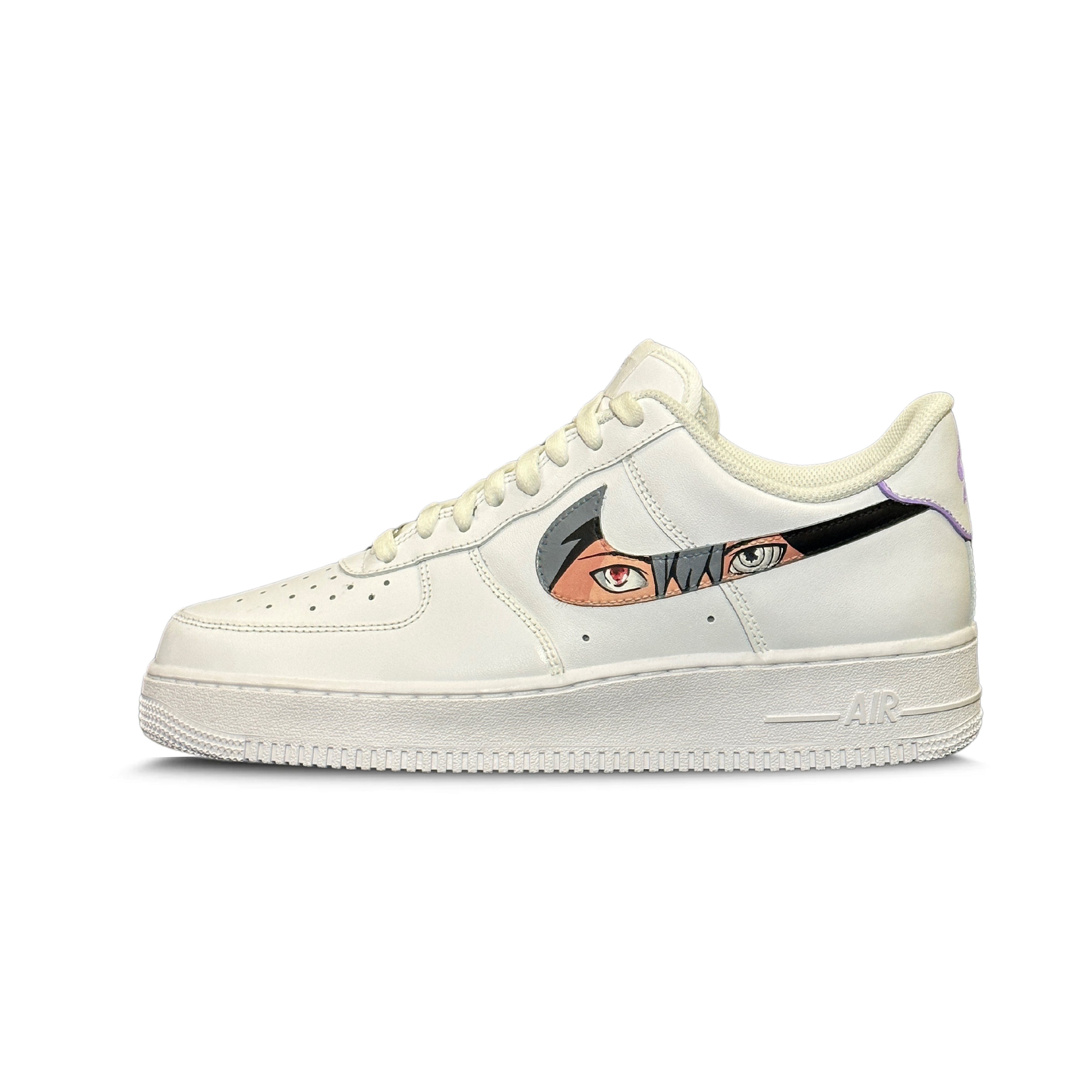White streetwear sneaker with anime-inspired eye graphic on the side, custom design.