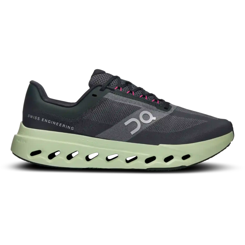 black and lime green running shoe with breathable mesh upper and cushioned sole