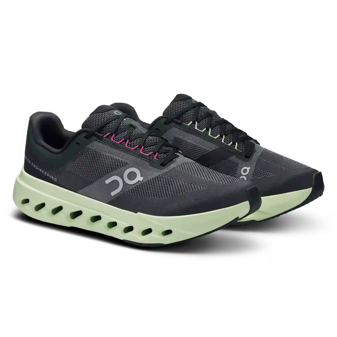 Black and lime athletic sneakers with mesh upper and unique cushioned sole, side view pair