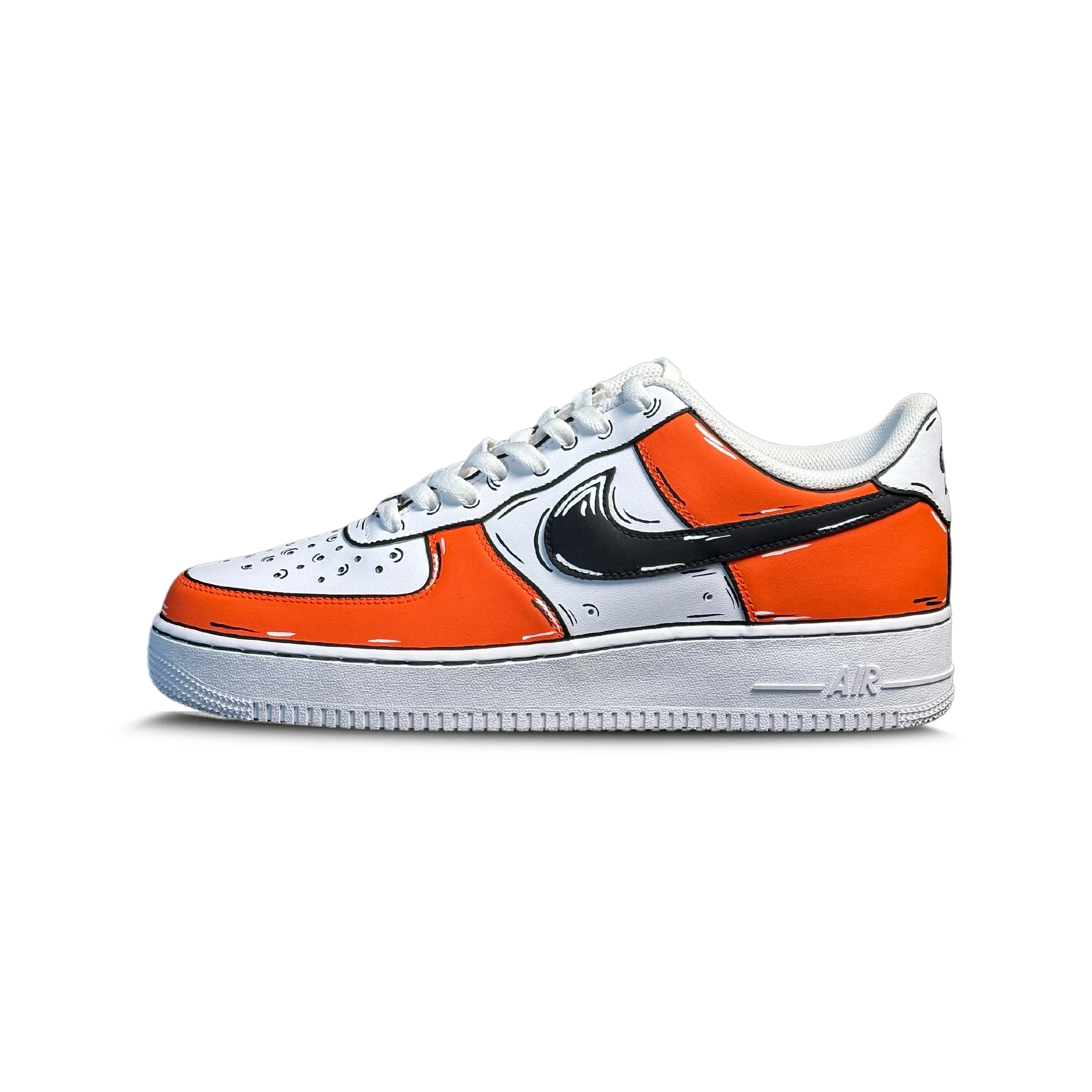 White and orange comic book style sneaker with black outlined details