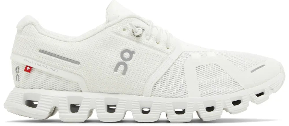 White athletic shoe with brand logo on a white background