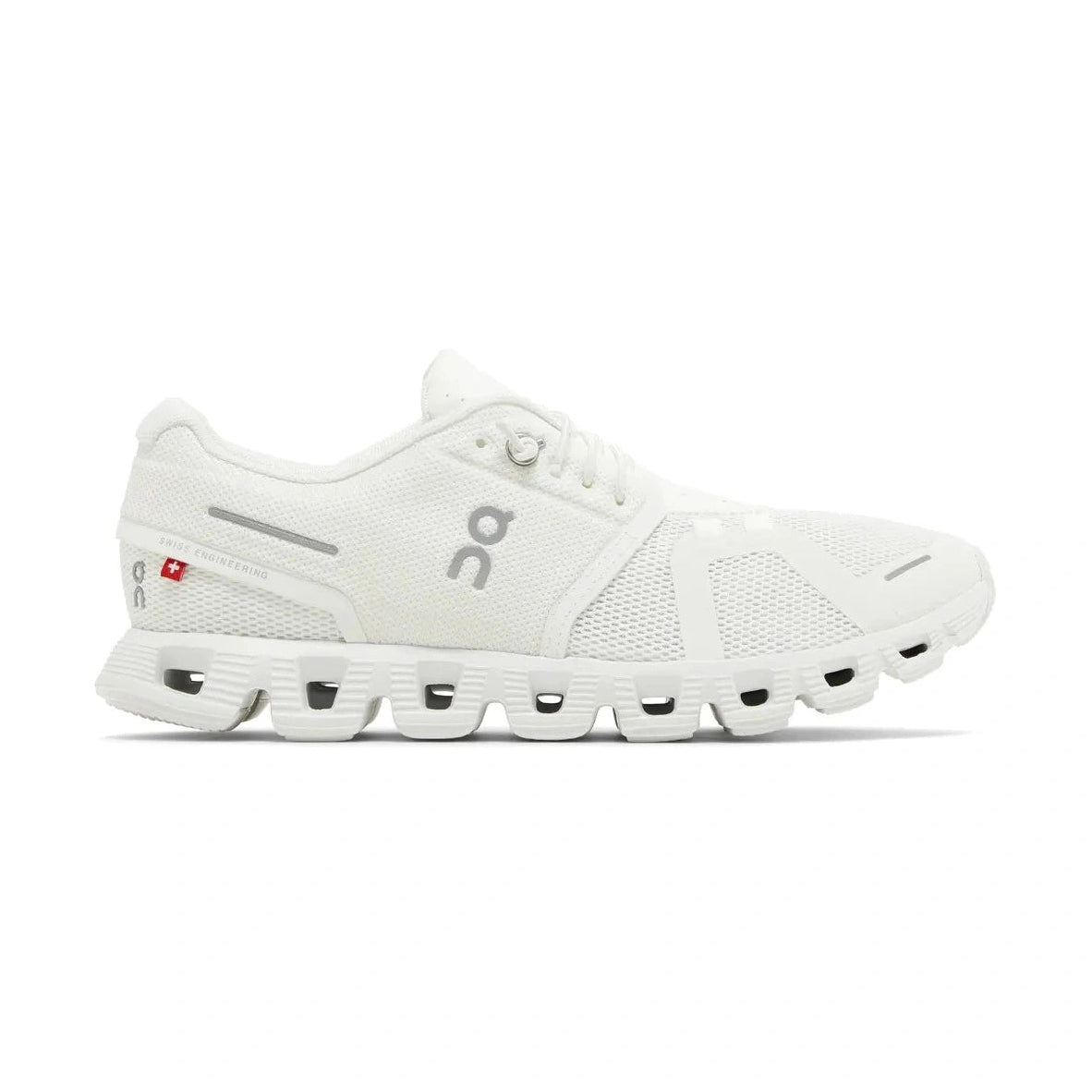 White athletic shoe with brand logo on a white background