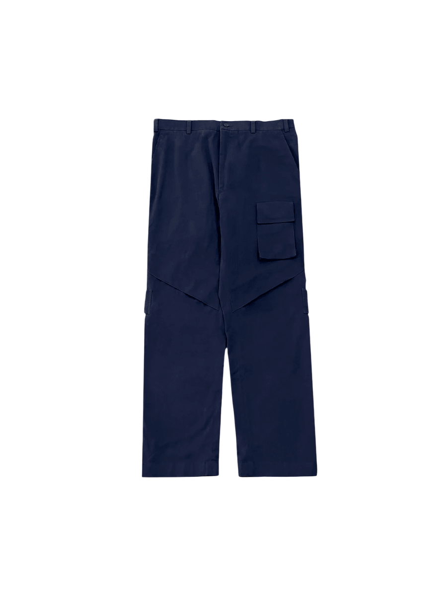 Navy blue cargo pants with pleated knee detail and large side pocket on a white background.