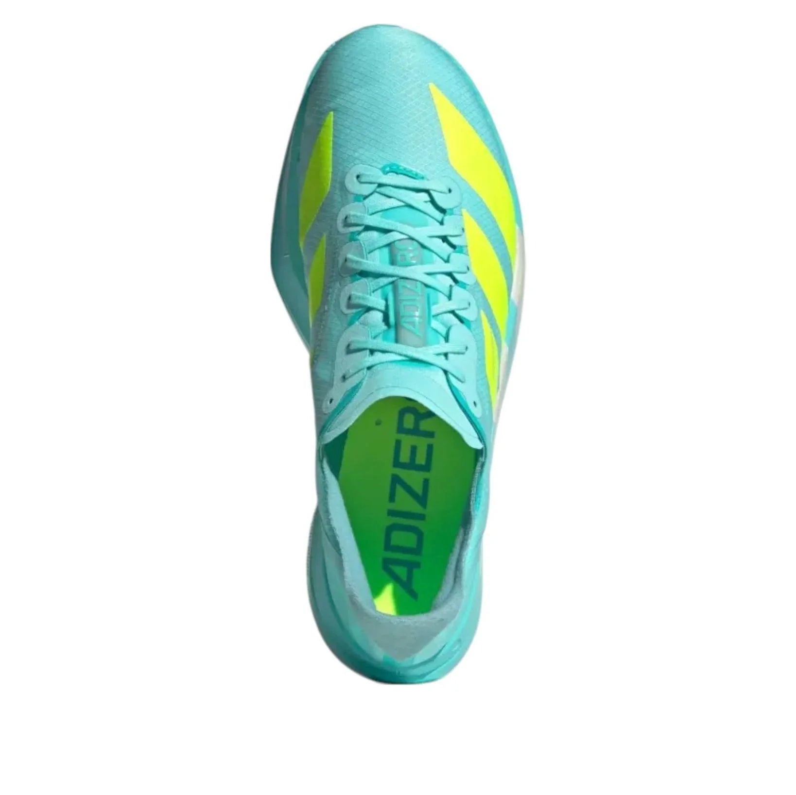 Turquoise and yellow sports shoe with 'Adizero' branding on a white background