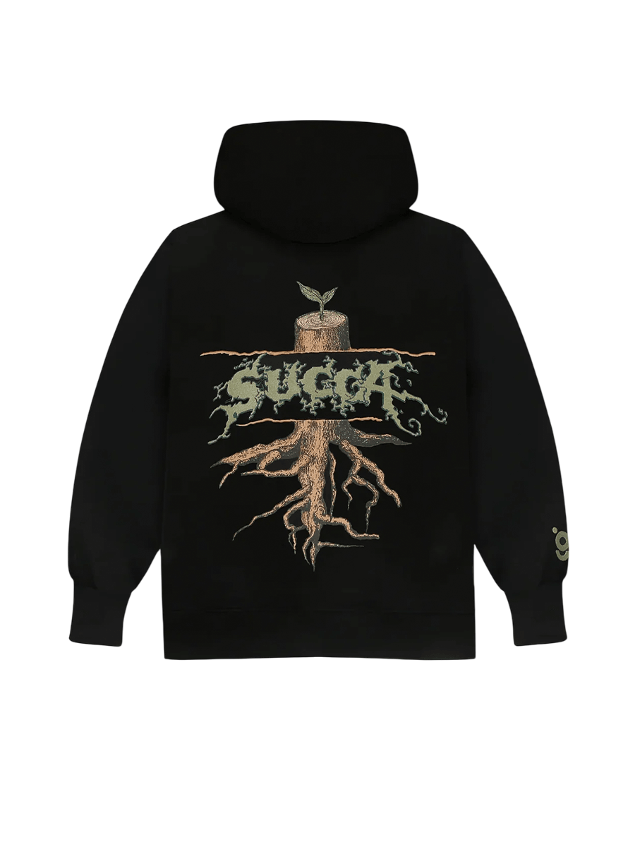 Black streetwear hoodie with tree stump, roots, sprout, and stylized 'SUGA' graphic on back
