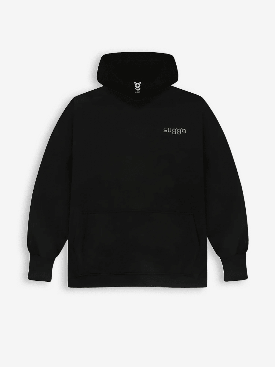 Black streetwear hoodie with front kangaroo pocket and small white Sugga logo on chest