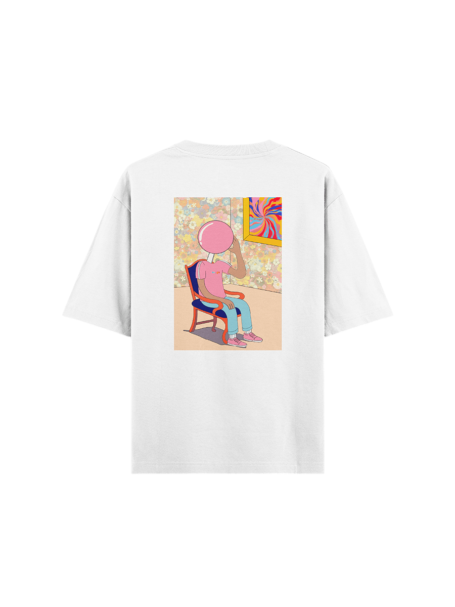 White streetwear t-shirt featuring abstract cartoon graphic art on the back