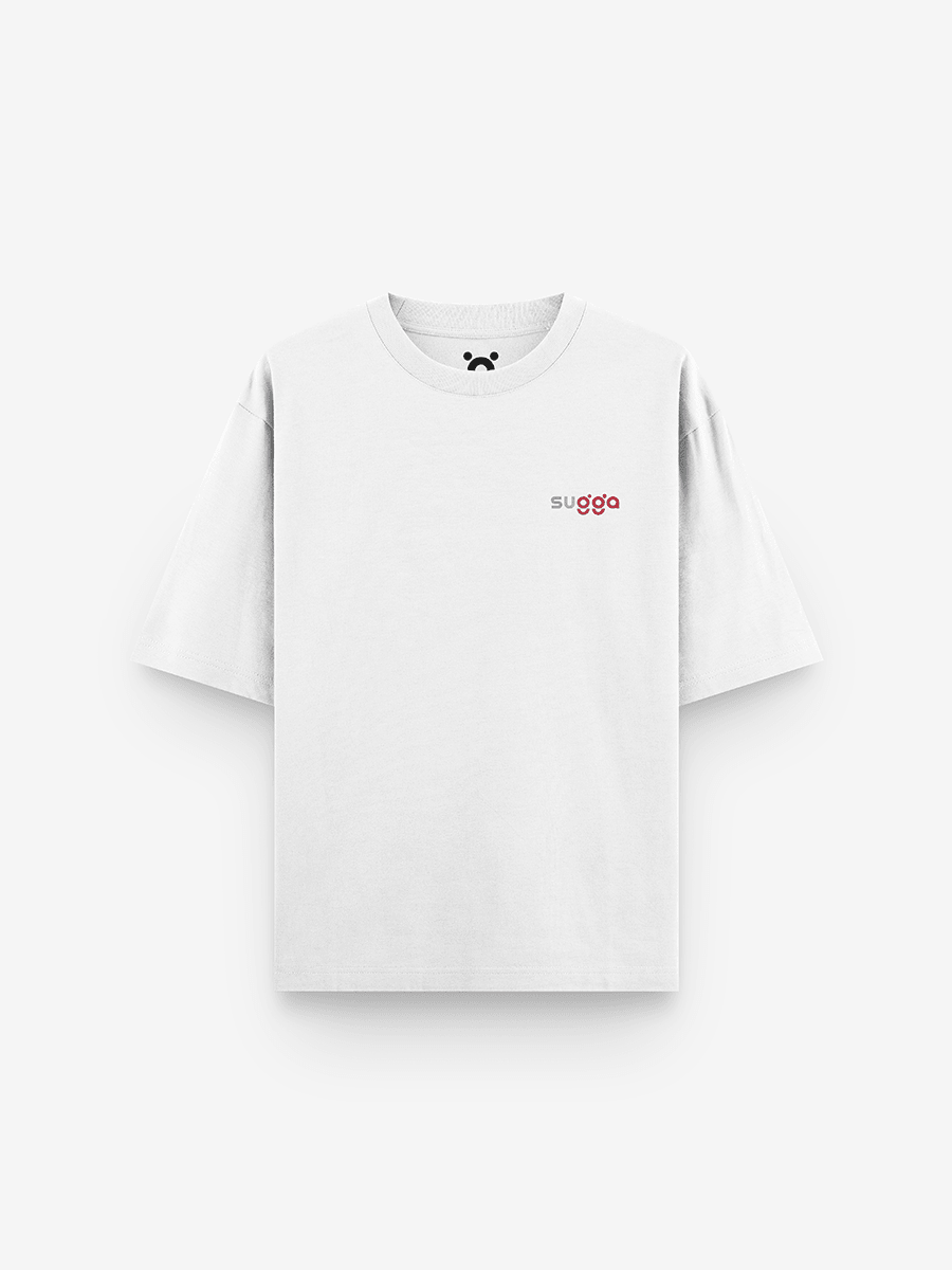 White streetwear t-shirt with small red and gray 'sugga' text logo on chest, minimalist style