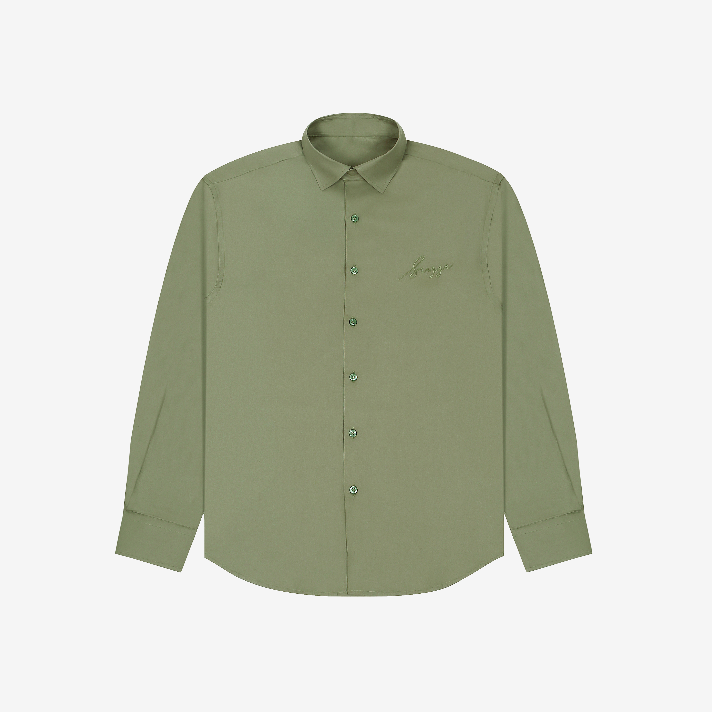 Sage green long sleeve button-up shirt with tonal embroidered script on chest