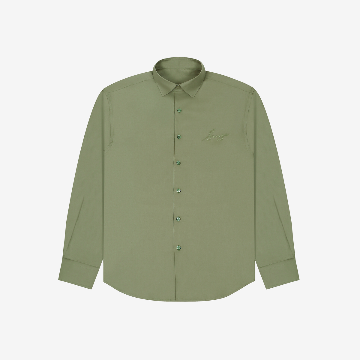 Sage green long sleeve button-up shirt with tonal embroidered script on chest