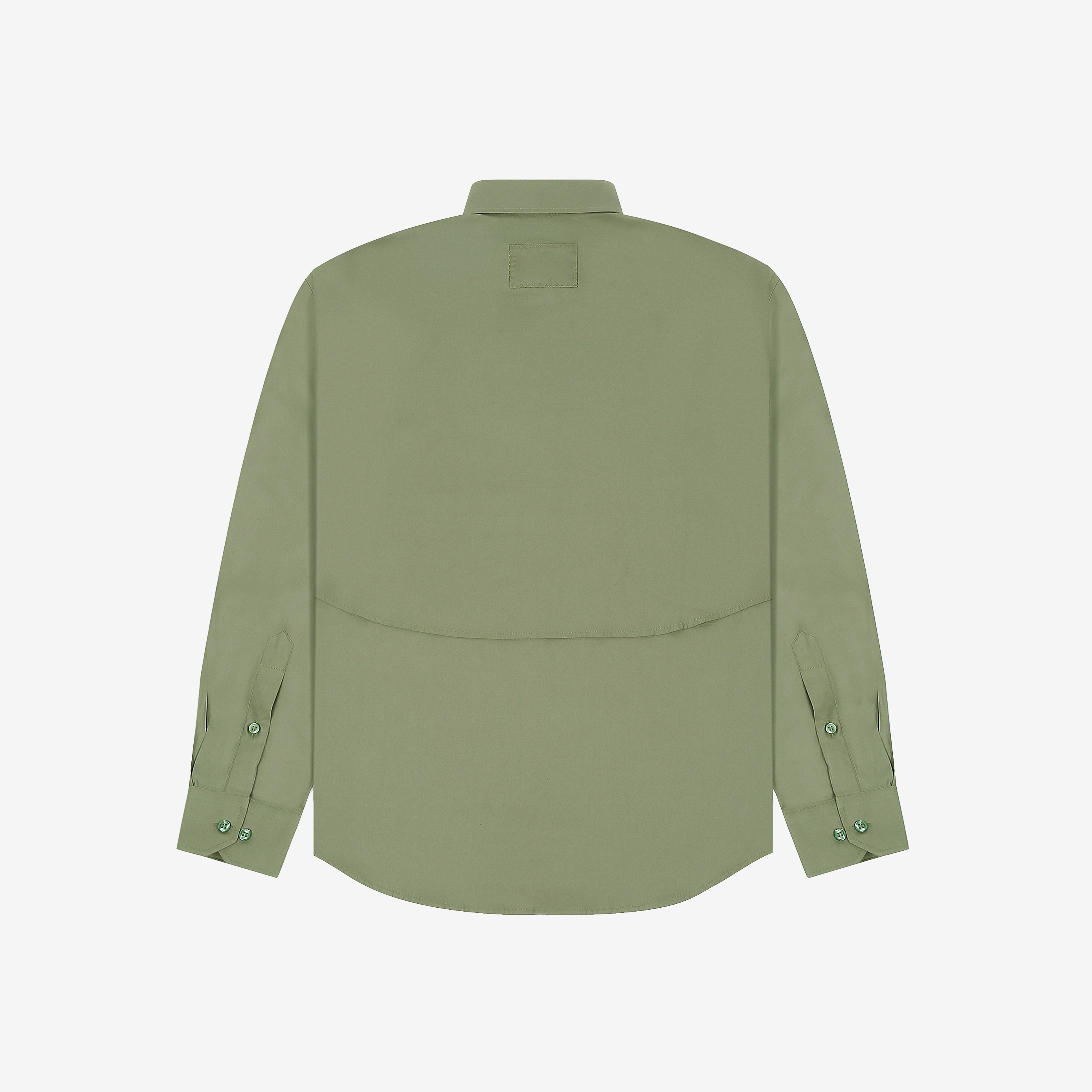 Back view of sage green streetwear button-up shirt with long sleeves on plain background