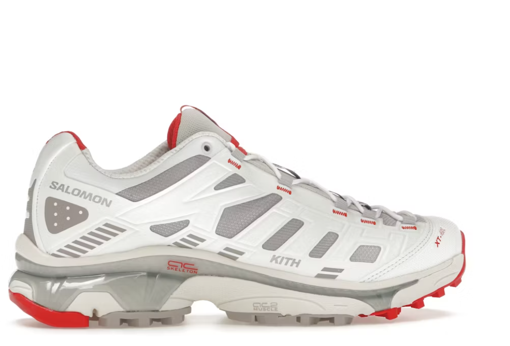 White and red Salomon XT-4K Kith low-top sneaker with mesh panels and visible branding on side.