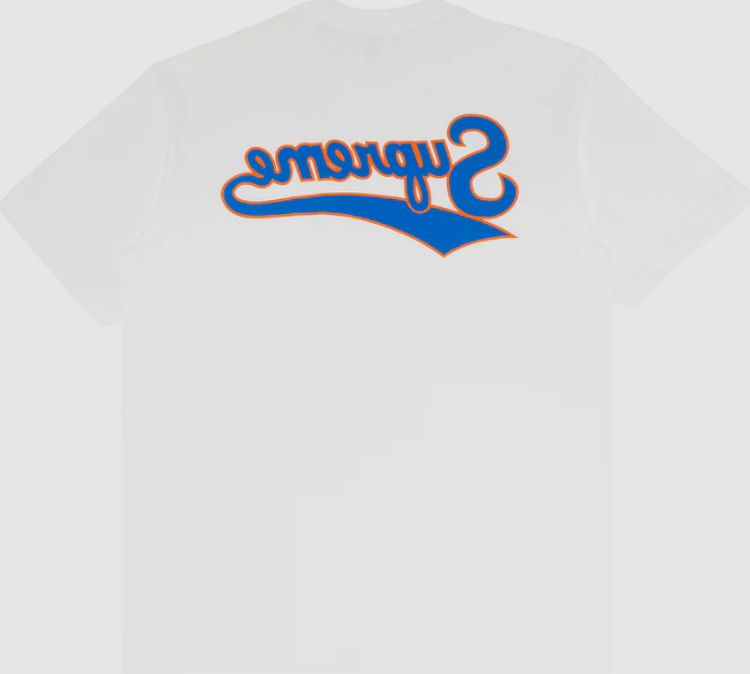 White streetwear T-shirt with bold blue and orange graphic script on the back