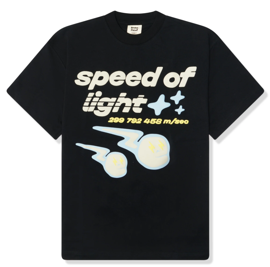 Black streetwear t-shirt with 'speed of light' graphic, physics text, and cartoon comets.