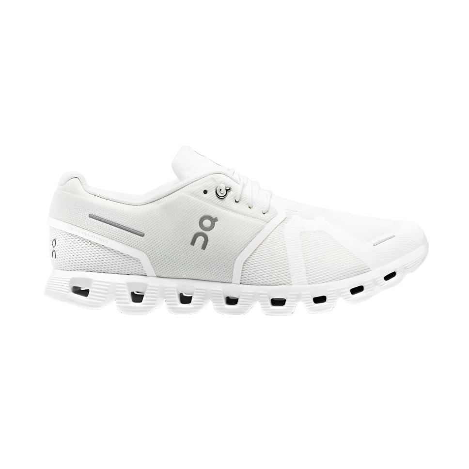 White designer sneaker with mesh upper and unique cushioned sole, stylish streetwear shoe
