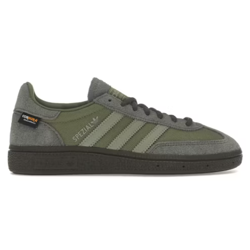 Olive and gray low-top sneaker with suede overlays, nylon upper, Spezial branding, and black sole