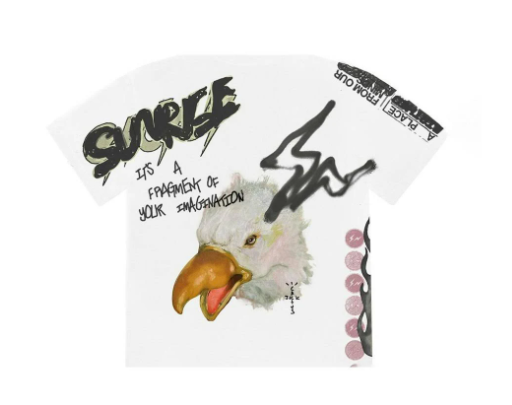 White graphic streetwear t-shirt with eagle illustration, spray-paint text, and abstract accents.