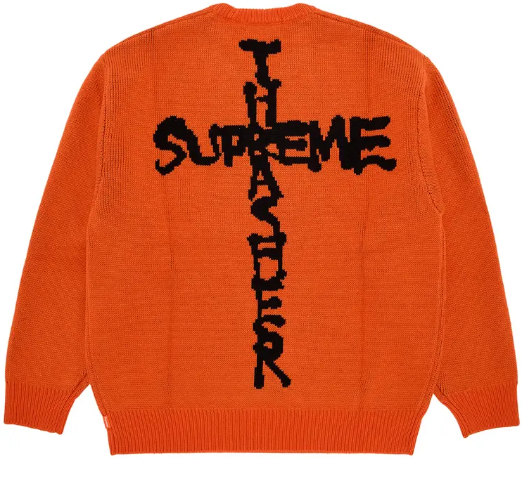 Orange knit streetwear sweater with black cross graphic and bold graffiti text on back