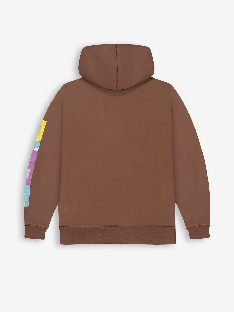 Brown streetwear hoodie with colorful graphic sleeve design, back view