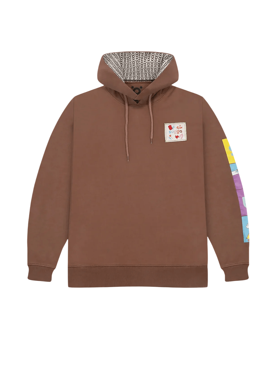 Brown streetwear hoodie with patterned hood lining, colorful sleeve patch, and chest logo patch.