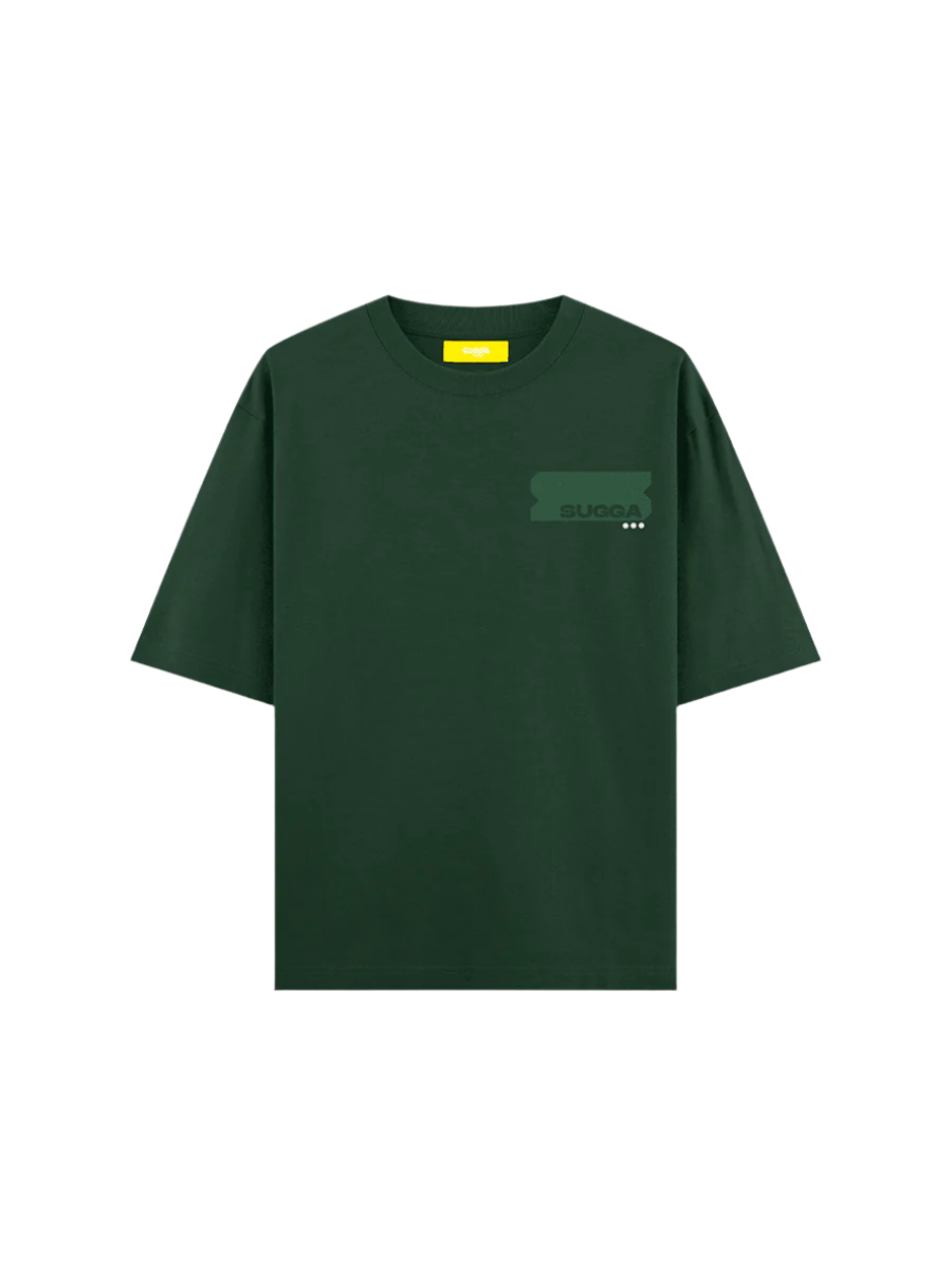 Dark green streetwear t-shirt with 'SUGGA' graphic on chest, short sleeves, crew neck