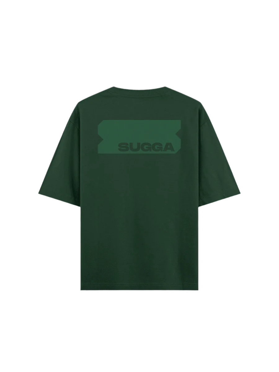Dark green streetwear t-shirt with SUGGA graphic on back, bold urban fashion style