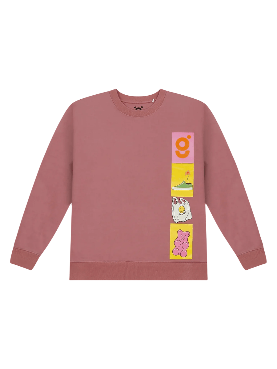 Rose pink streetwear crewneck sweatshirt featuring colorful graphic patches, including a bear, egg, mountain, and letter g design on the front.