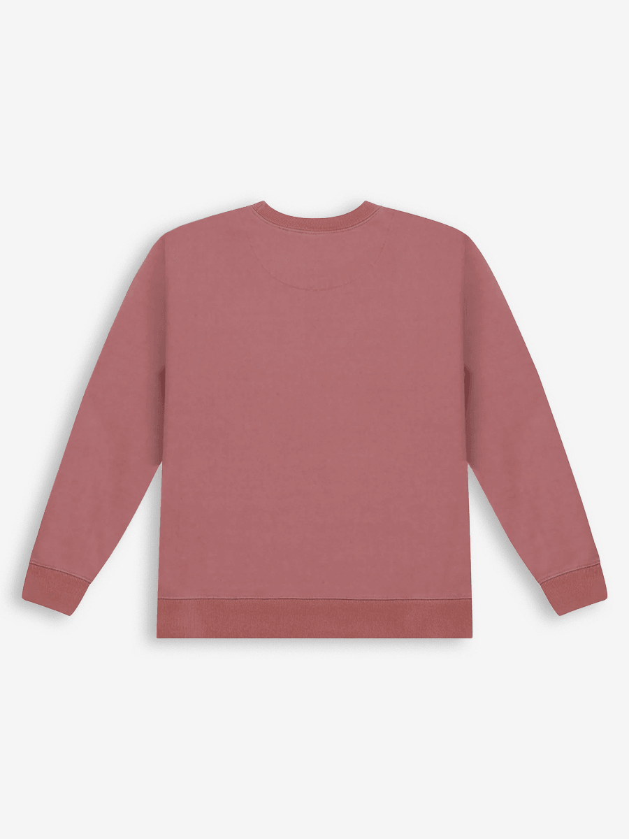 Back view of a plain dusty pink crewneck sweatshirt on white background, streetwear fashion