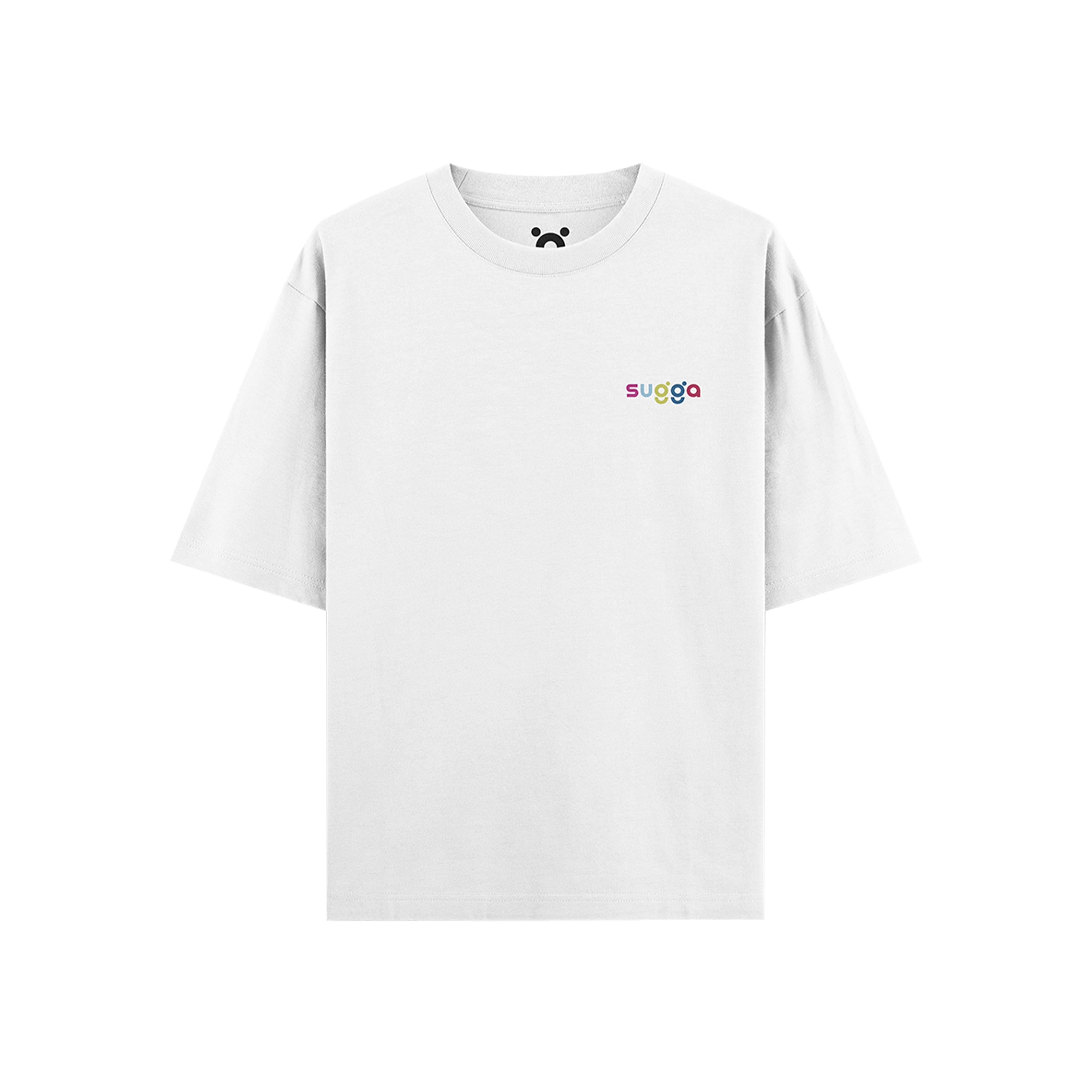 White streetwear t-shirt with small colorful 'sugga' logo on chest, minimalist style