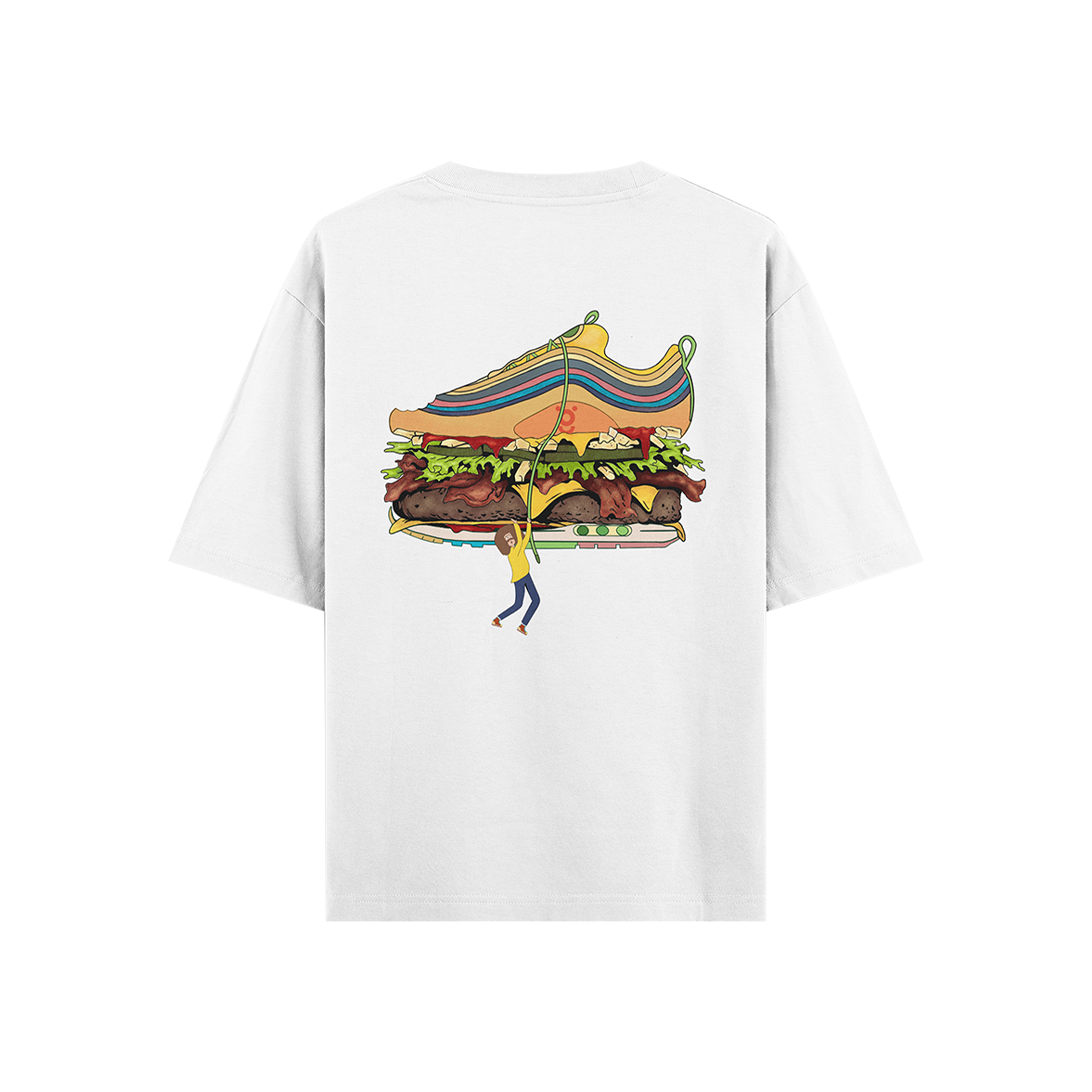 White streetwear t-shirt with graphic of a sneaker sandwich and cartoon person hanging