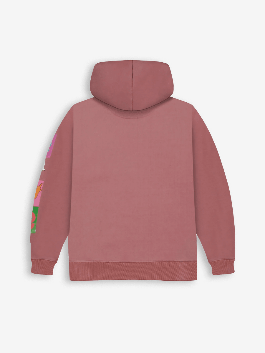 Pink streetwear hoodie with colorful graphic detail on sleeve, back view