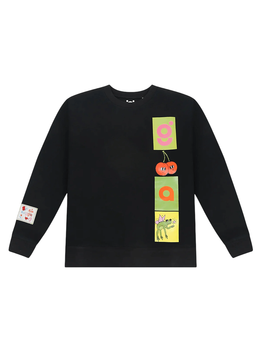 Black streetwear sweatshirt with colorful graphic patches, cartoon cherries, and playful designs