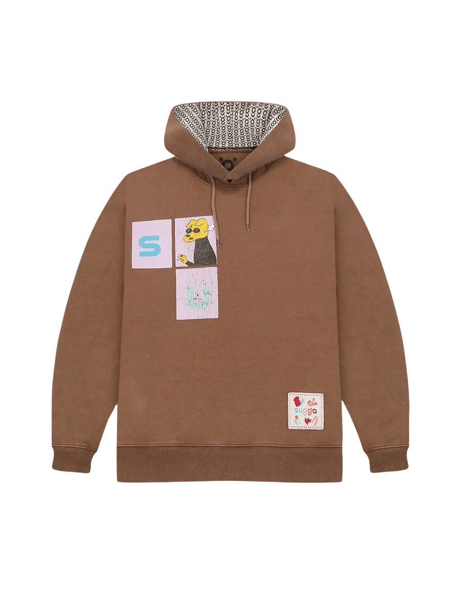 Brown streetwear hoodie with cartoon and graphic patches, patterned hood lining, and front label.