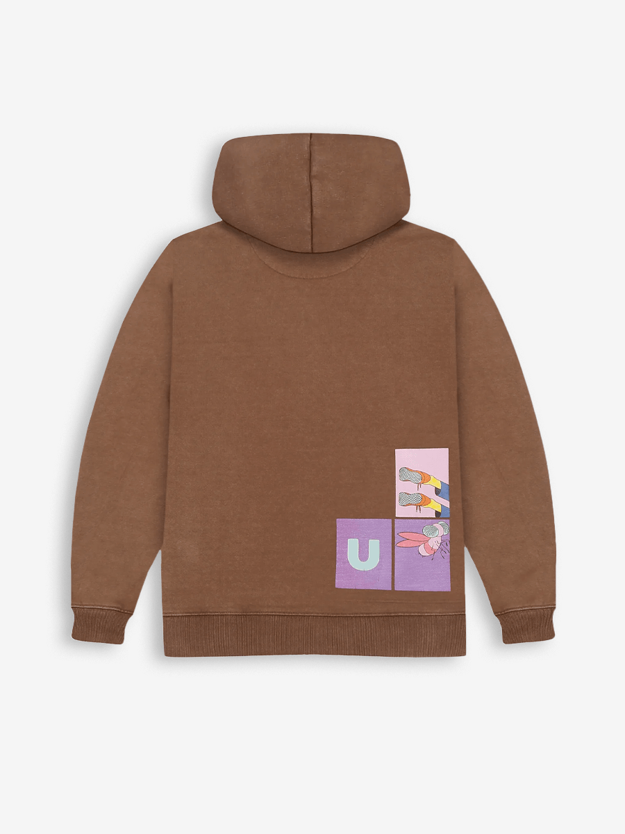 Brown streetwear hoodie with graphic cartoon design and letter U on the back