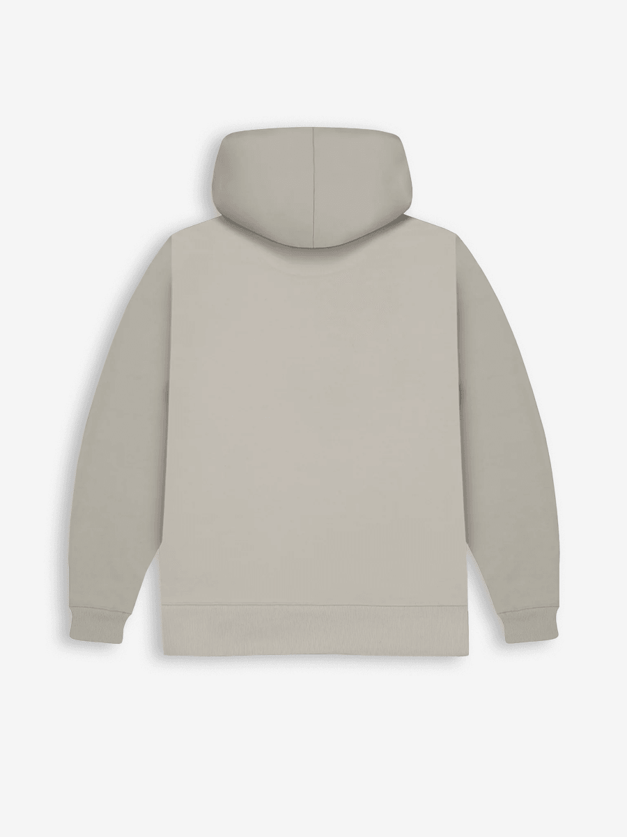 Back view of a plain beige streetwear hoodie on white background