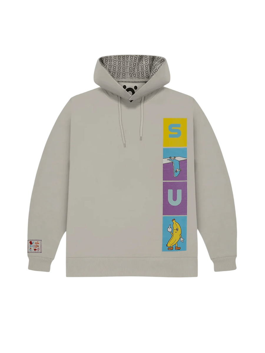 Beige streetwear hoodie with cartoon banana graphic and colorful vertical letter blocks