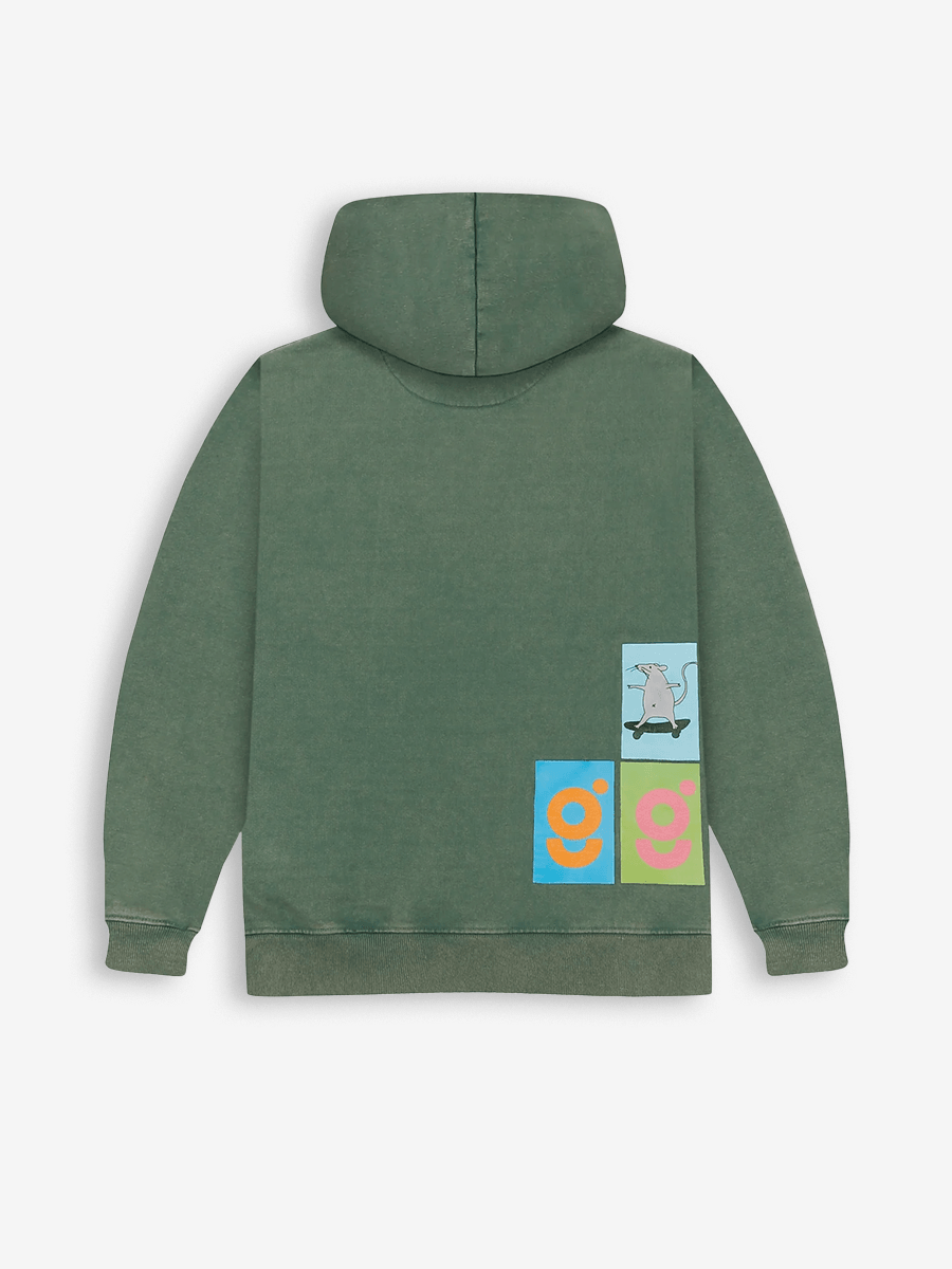 Green streetwear hoodie with graphic blocks and a cartoon animal skateboarding on the back