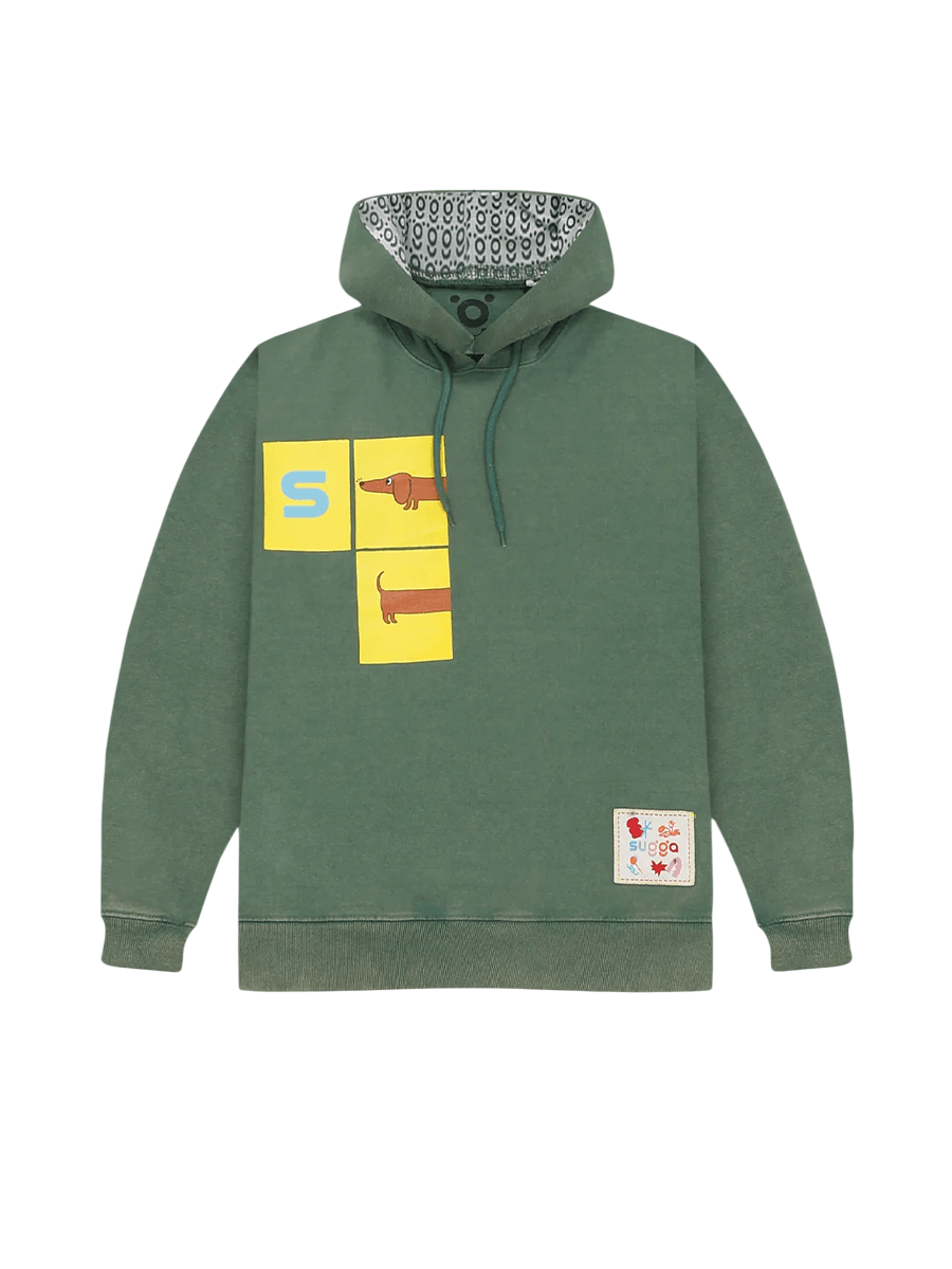 Green streetwear hoodie with dachshund dog graphic, yellow blocks, and patterned hood lining