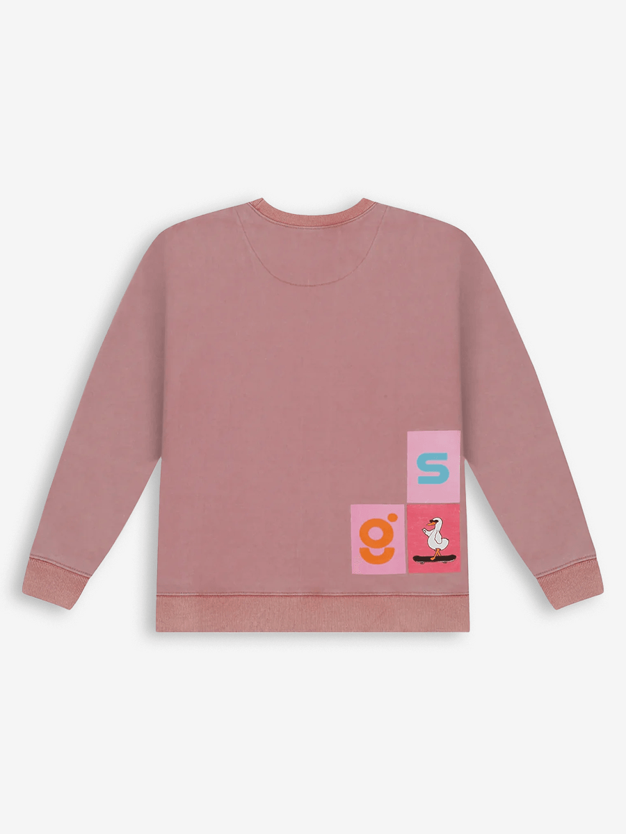 Pink streetwear sweatshirt with colorful letter blocks and cartoon duck graphic on back