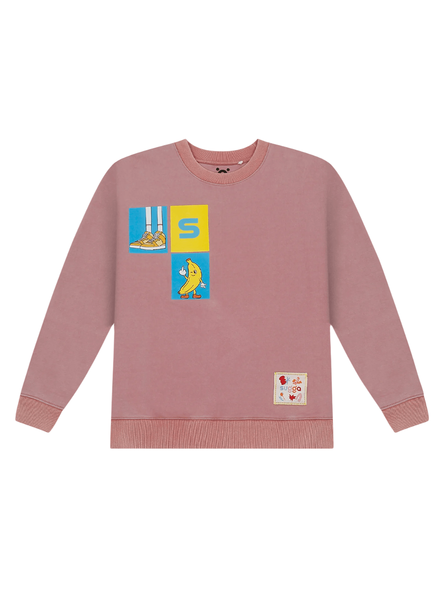 Pink streetwear sweatshirt with graphic patches, sneaker and banana cartoon illustrations