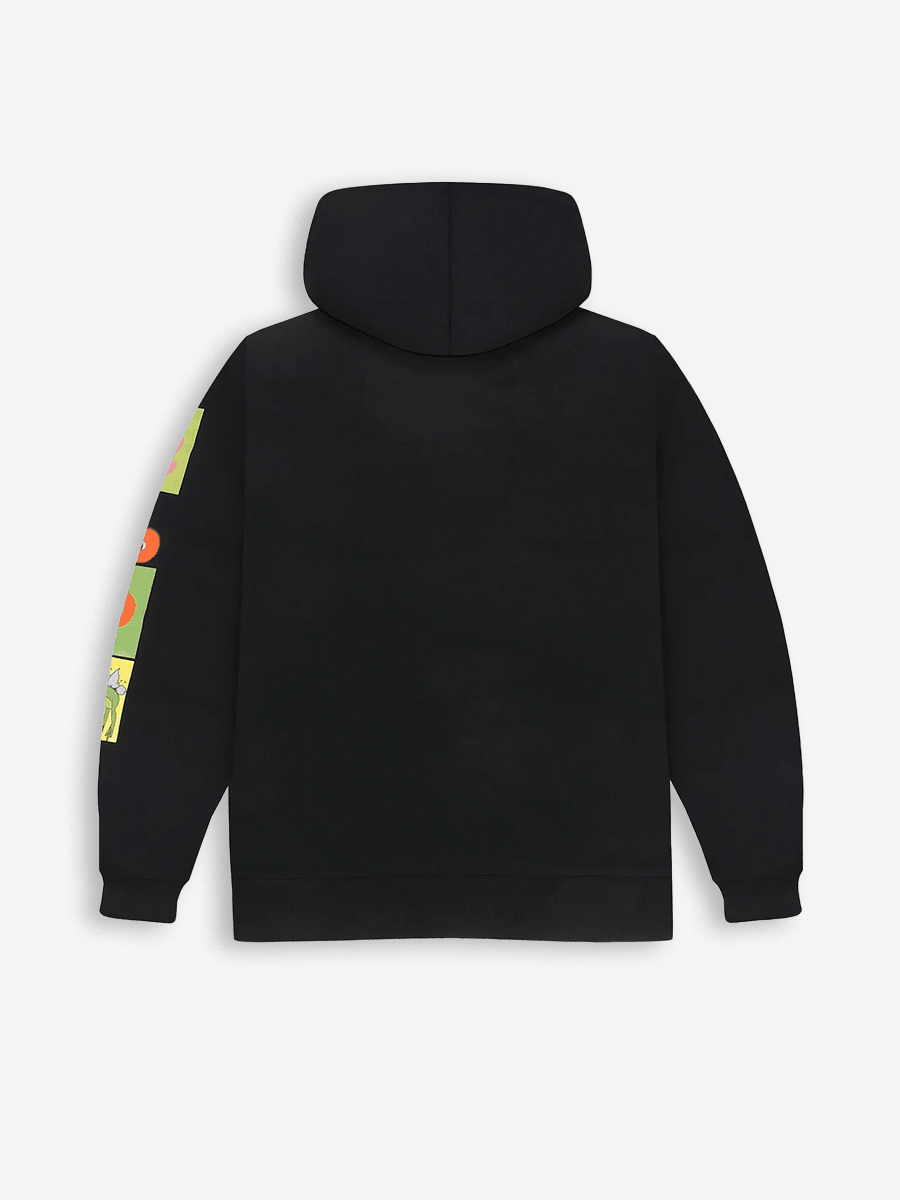 Black streetwear hoodie with colorful cartoon graphics on the left sleeve, rear view