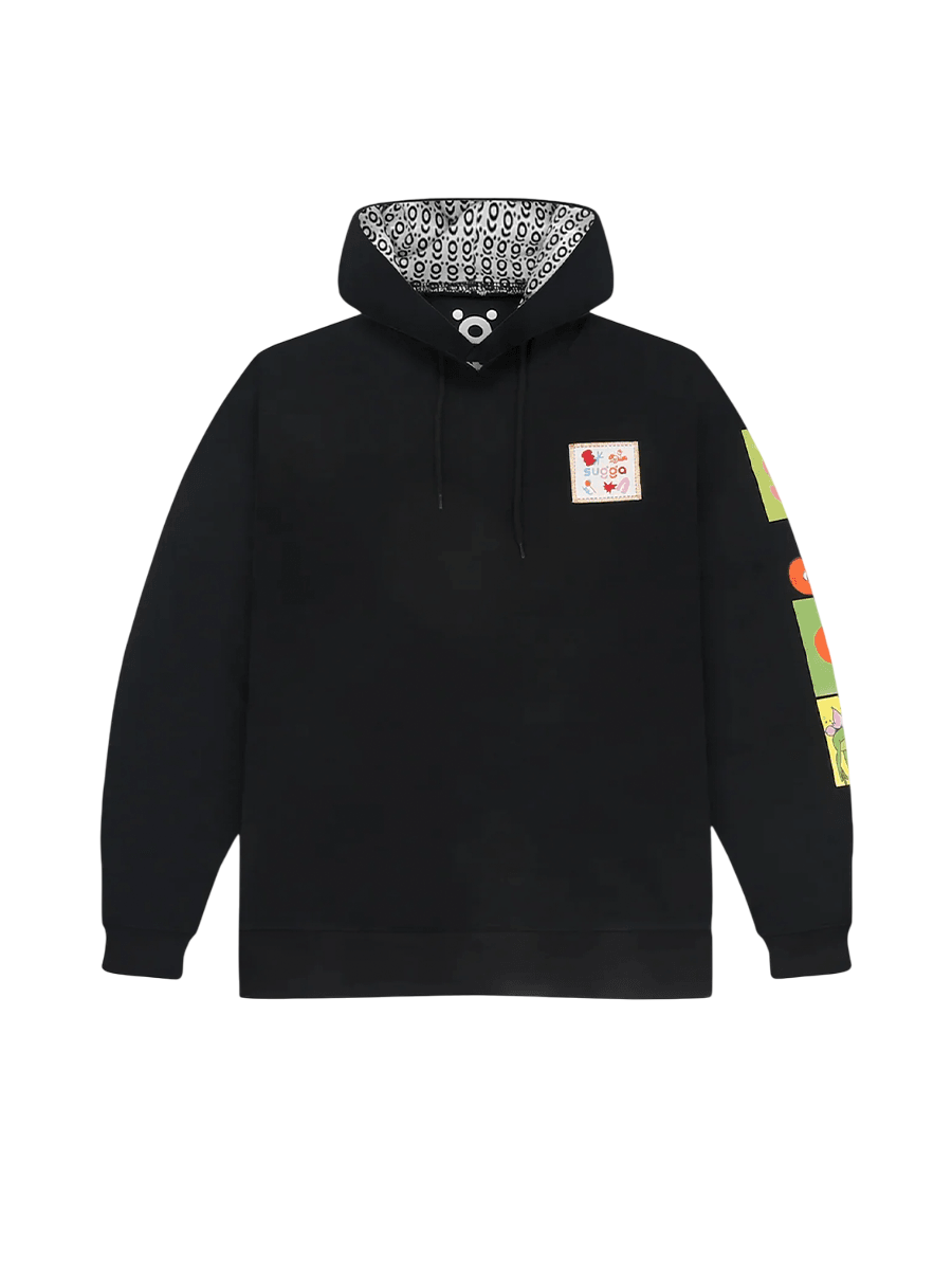 Black streetwear hoodie with graphic patch on chest, patterned hood lining, and colorful sleeve accents.