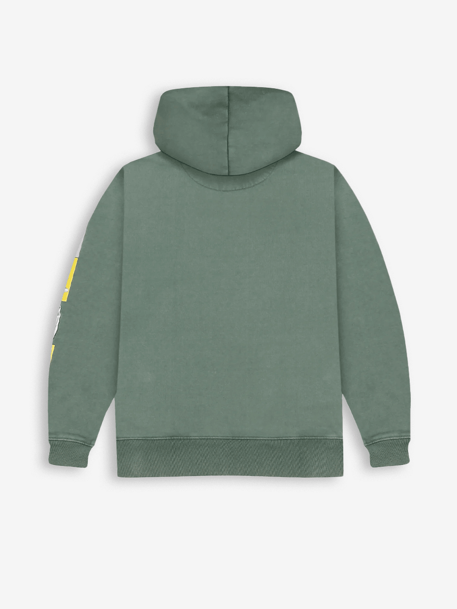 Back view of green streetwear hoodie with subtle yellow and white sleeve design