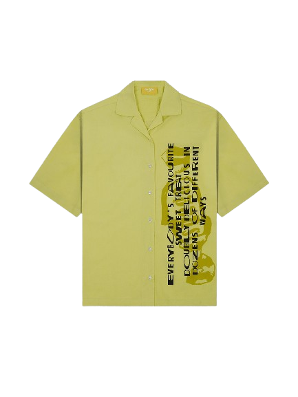 Light yellow short sleeve shirt with bold black graphic text and abstract design on front
