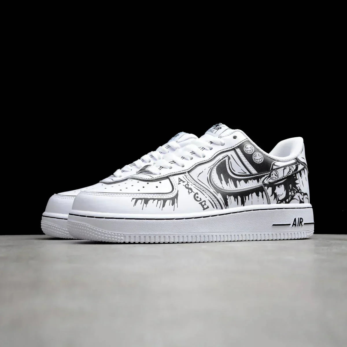 White custom streetwear sneaker with black anime-inspired illustrations and graphic details