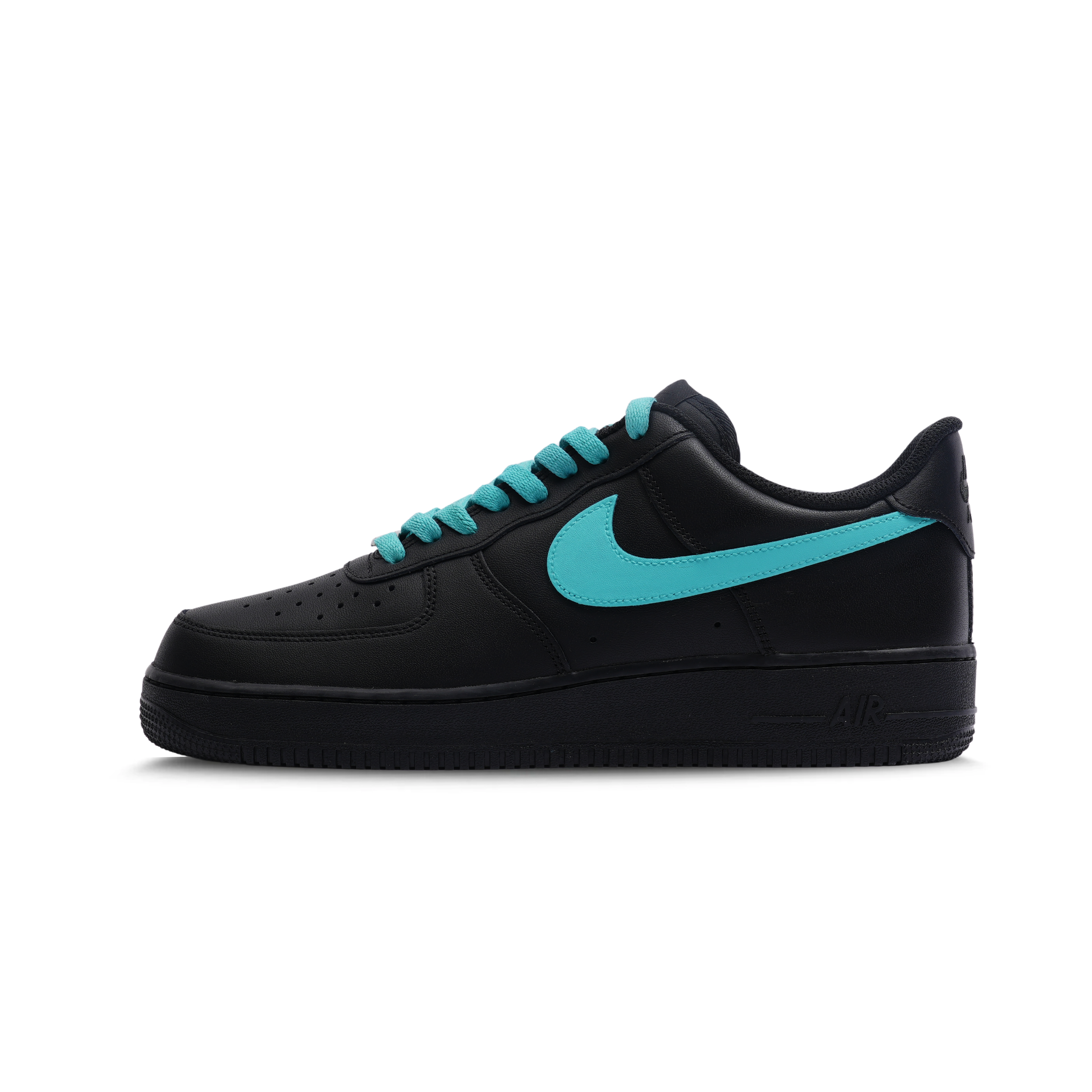 Black low-top sneaker with teal Nike swoosh and laces, classic streetwear style
