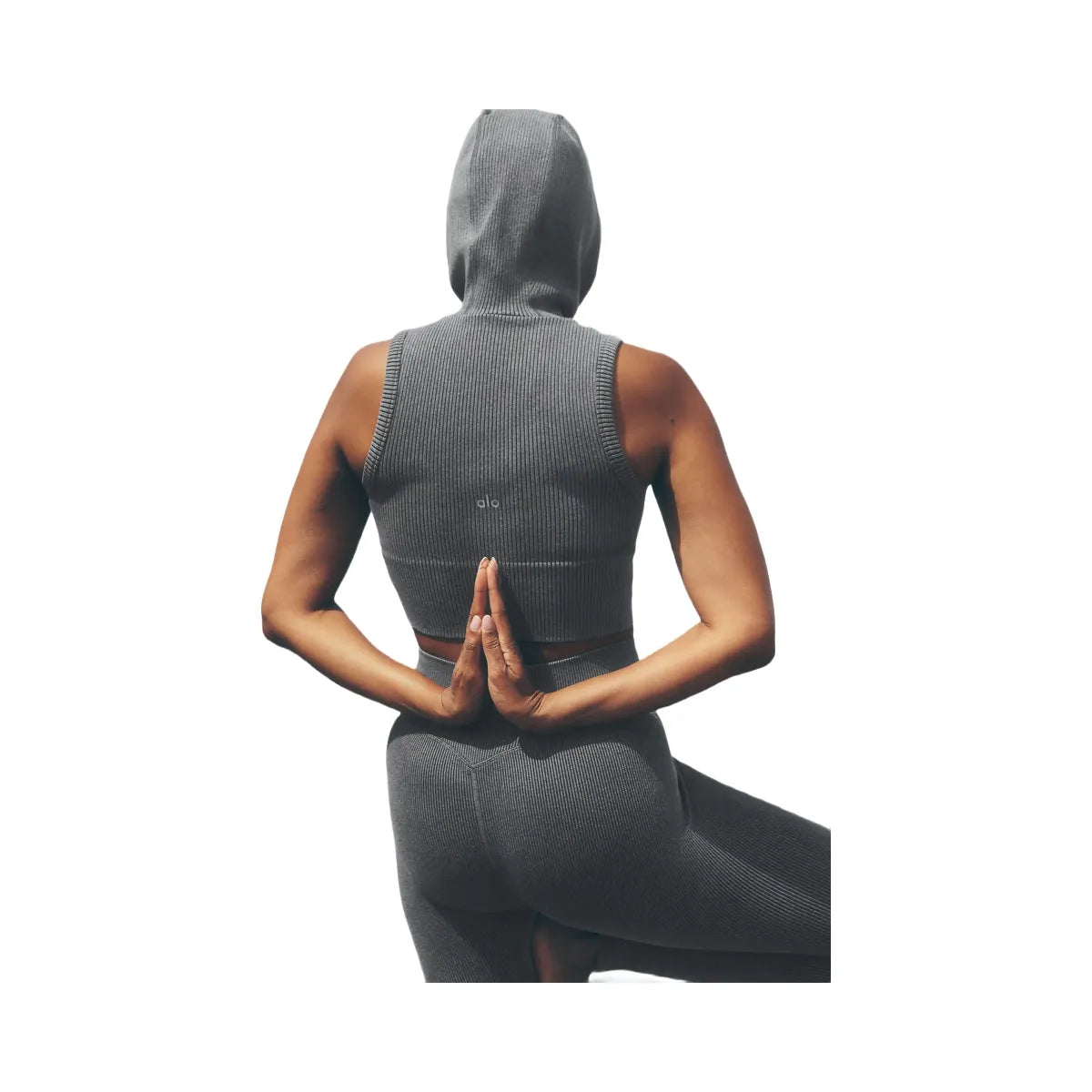 Alo Women's Seamless Two Tone Rib Hooded Vest - Dark Misty Grey Heather