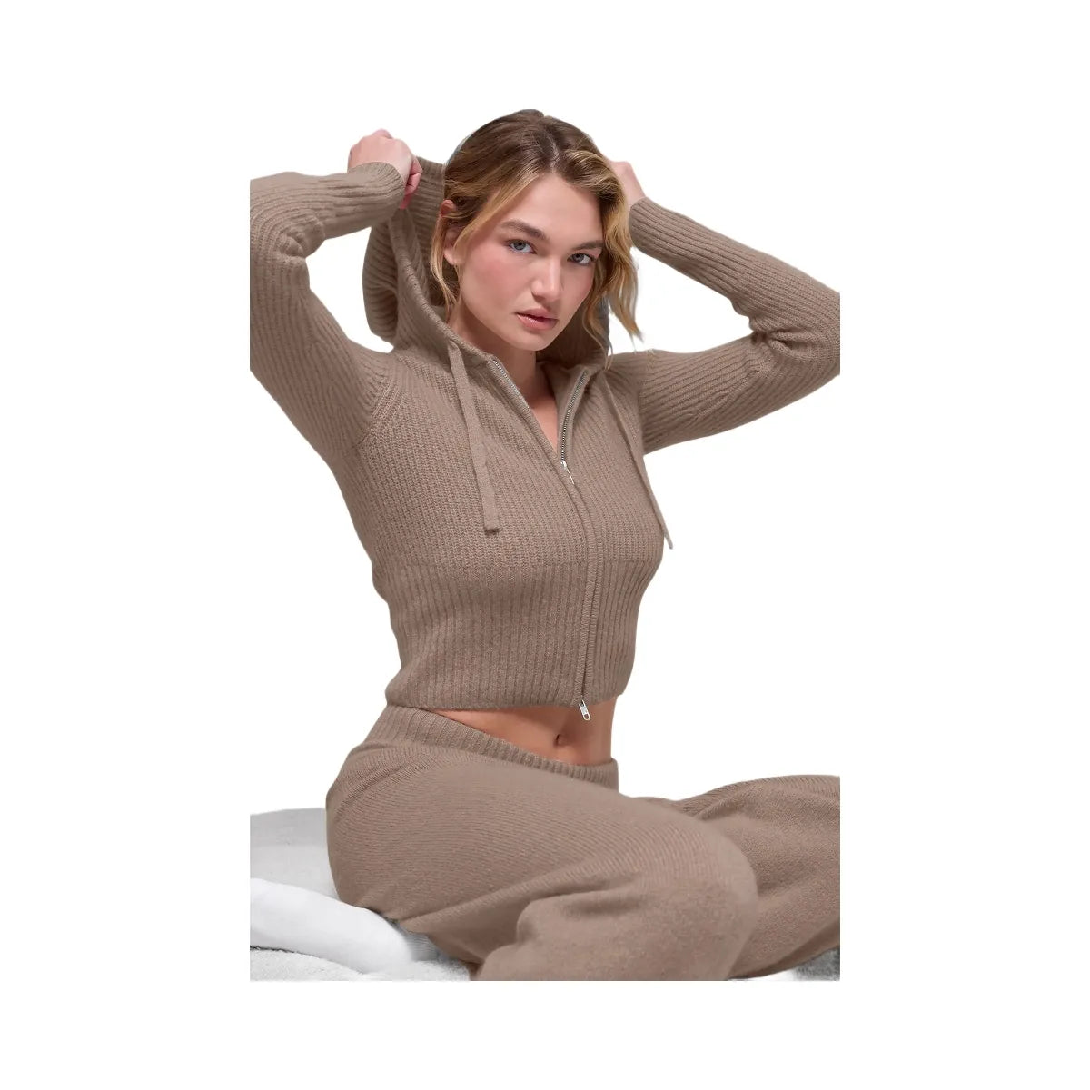 Alo Women's Wool Cashmere Ribbed Noble Full Zip Hoodie - Chai Latte